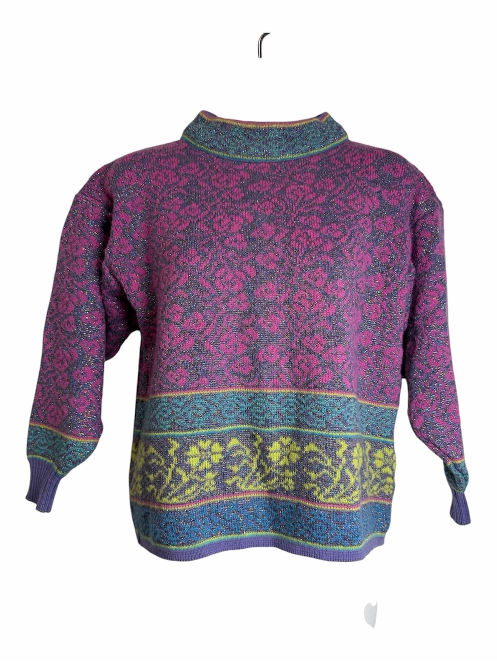 Demetre 80s Wool Blend Apres Ski Sweater Pink Floral Mock Neck Vintage Metallic